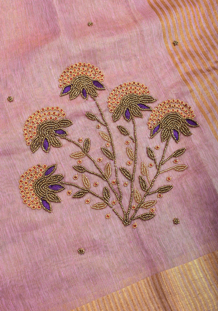 Tissue Linen Saree in Thistle and Gold Tissue with  Bead and embroidery handwork