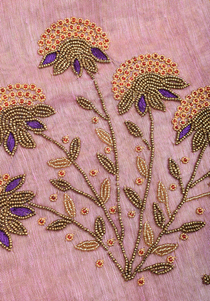 Tissue Linen Saree in Thistle and Gold Tissue with  Bead and embroidery handwork