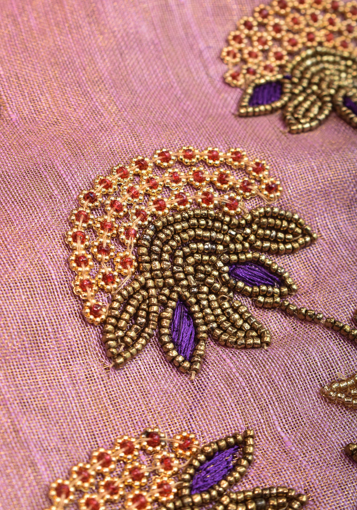 Tissue Linen Saree in Thistle and Gold Tissue with  Bead and embroidery handwork