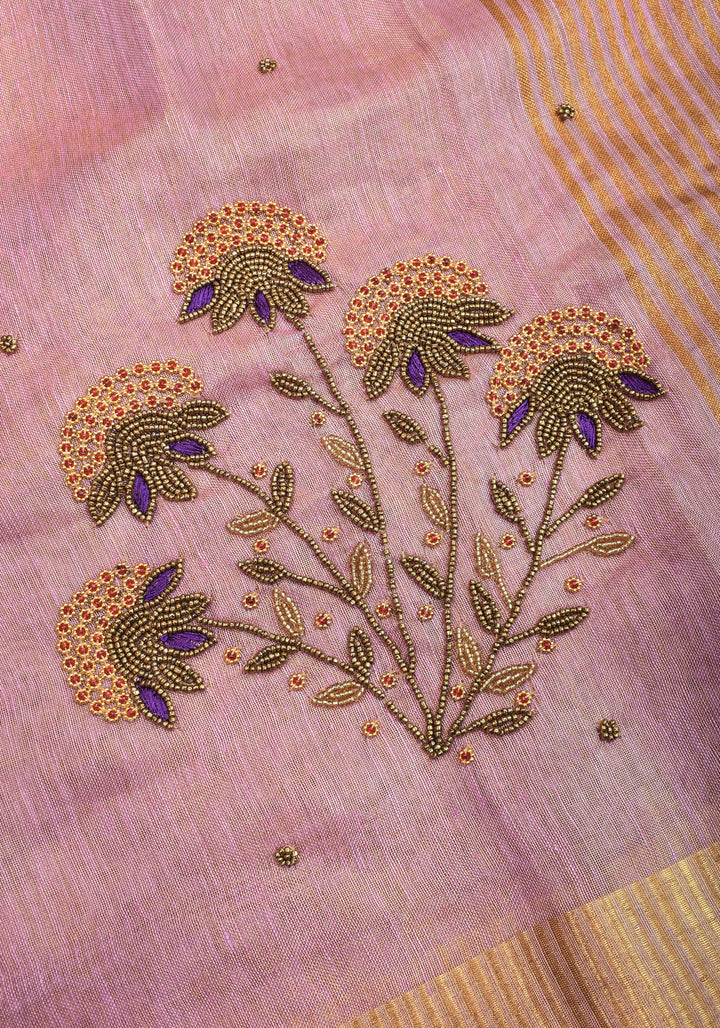 Tissue Linen Saree in Thistle and Gold Tissue with  Bead and embroidery handwork