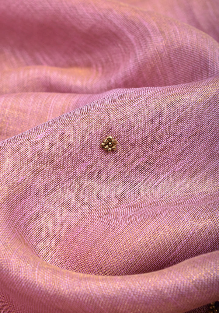 Tissue Linen Saree in Thistle and Gold Tissue with  Bead and embroidery handwork