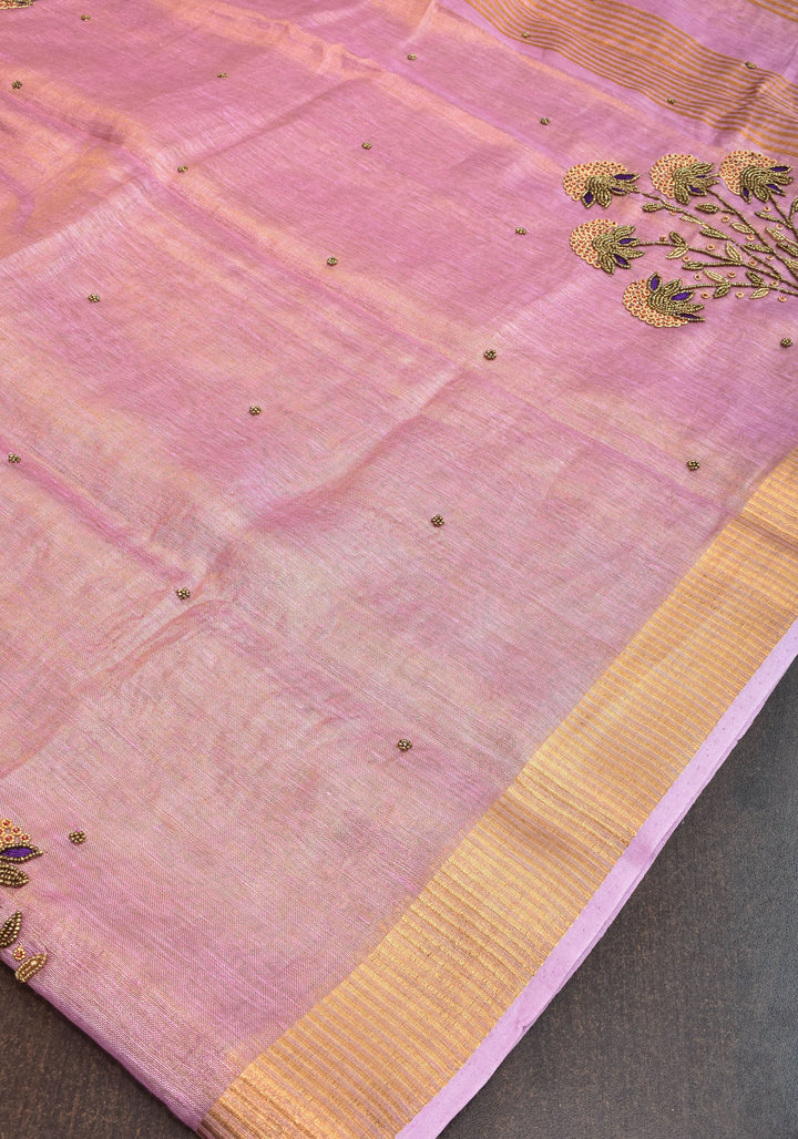 Tissue Linen Saree in Thistle and Gold Tissue with  Bead and embroidery handwork