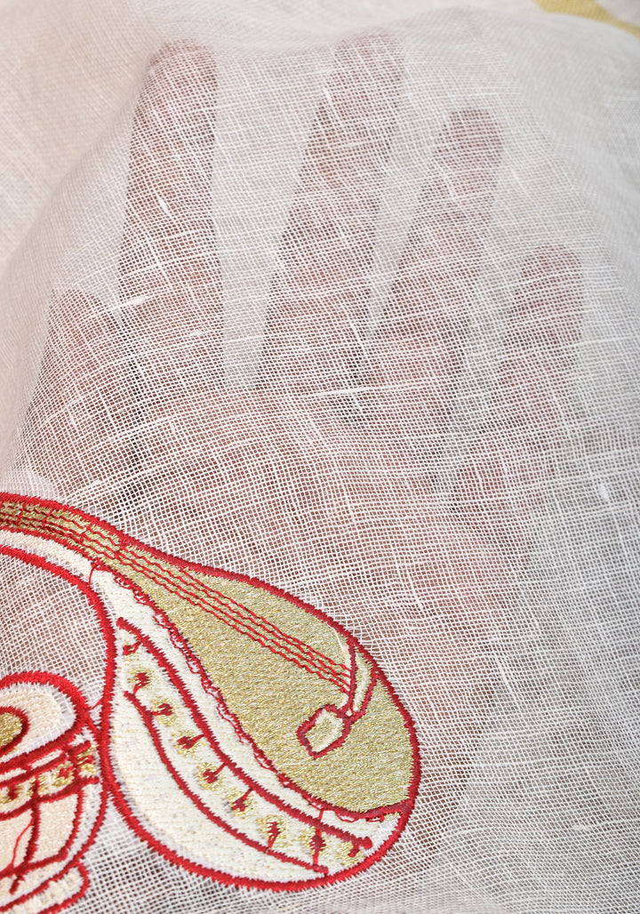 Linen by Linen Saree in White with Musical instruments embroidery motifs