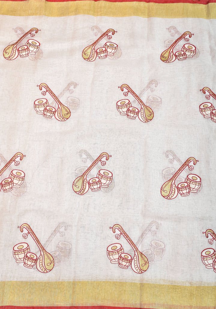 Linen by Linen Saree in White with Musical instruments embroidery motifs