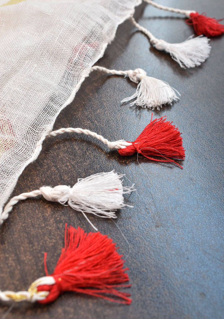 Linen by Linen Saree in White with Musical instruments embroidery motifs