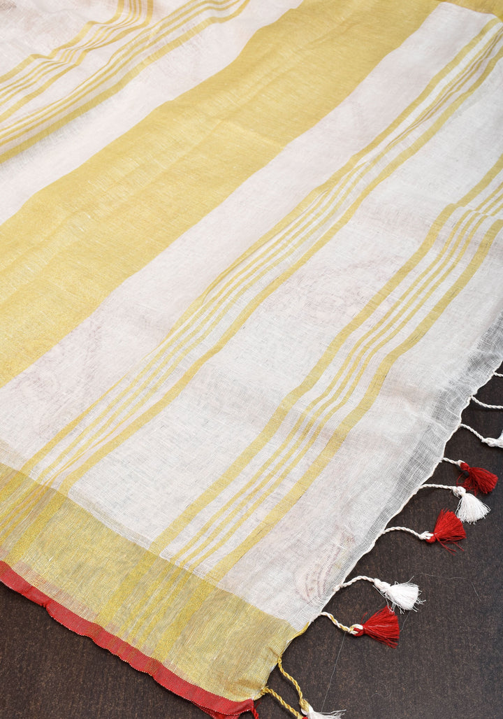 Linen by Linen Saree in White with Musical instruments embroidery motifs