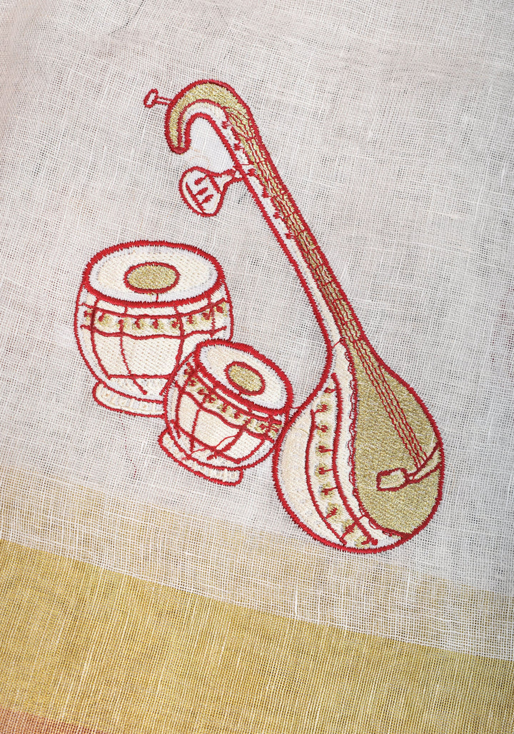 Linen by Linen Saree in White with Musical instruments embroidery motifs