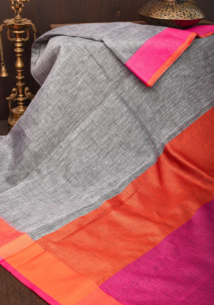 Linen by Linen Saree in Gray with Ganga Jamuna Borders