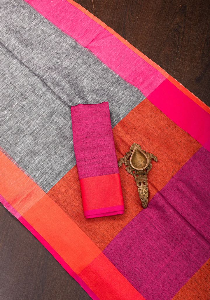 Linen by Linen Saree in Gray with Ganga Jamuna Borders