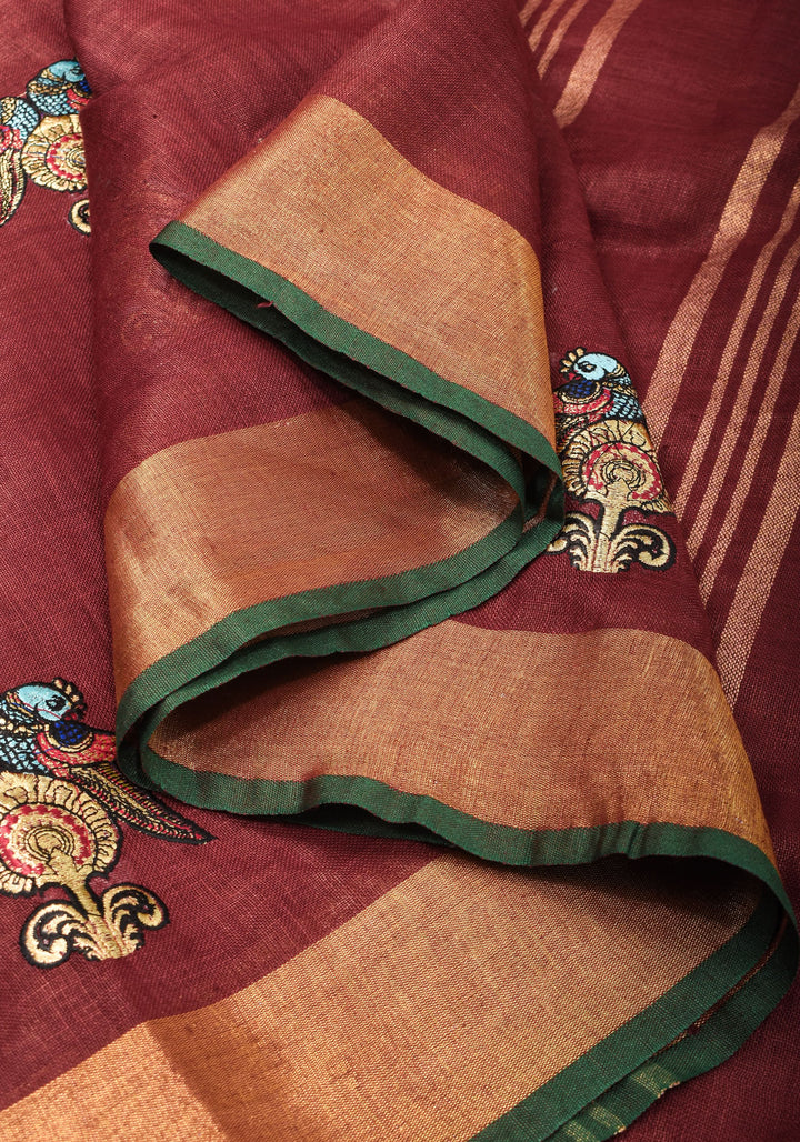 Tanjore Design Twin parrots embroidered motifs on maroon Linen by Linen Saree