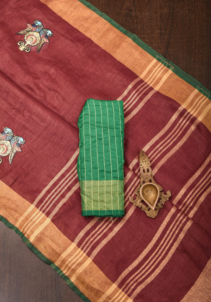 Tanjore Design Twin parrots embroidered motifs on maroon Linen by Linen Saree