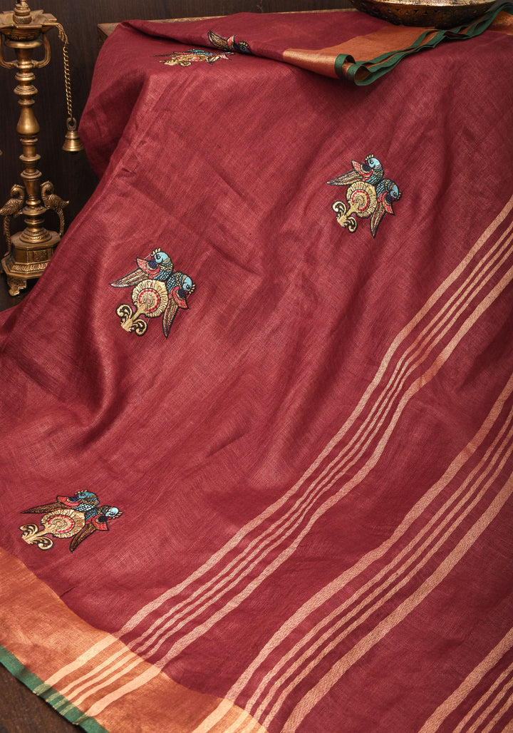 Tanjore Design Twin parrots embroidered motifs on maroon Linen by Linen Saree
