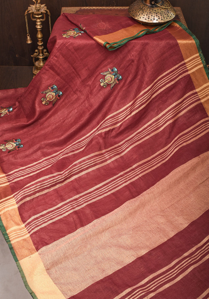 Tanjore Design Twin parrots embroidered motifs on maroon Linen by Linen Saree