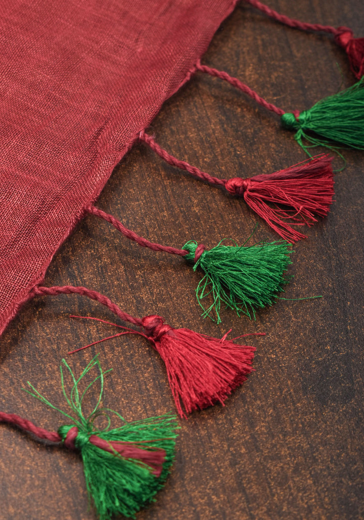 Tanjore Design Twin parrots embroidered motifs on maroon Linen by Linen Saree