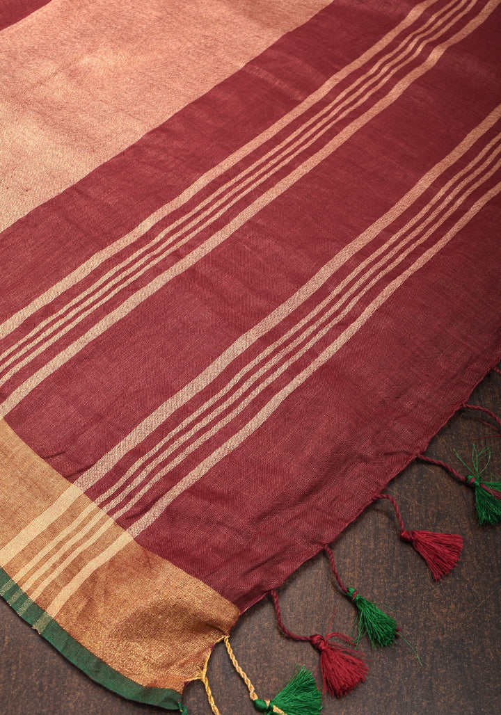 Tanjore Design Twin parrots embroidered motifs on maroon Linen by Linen Saree