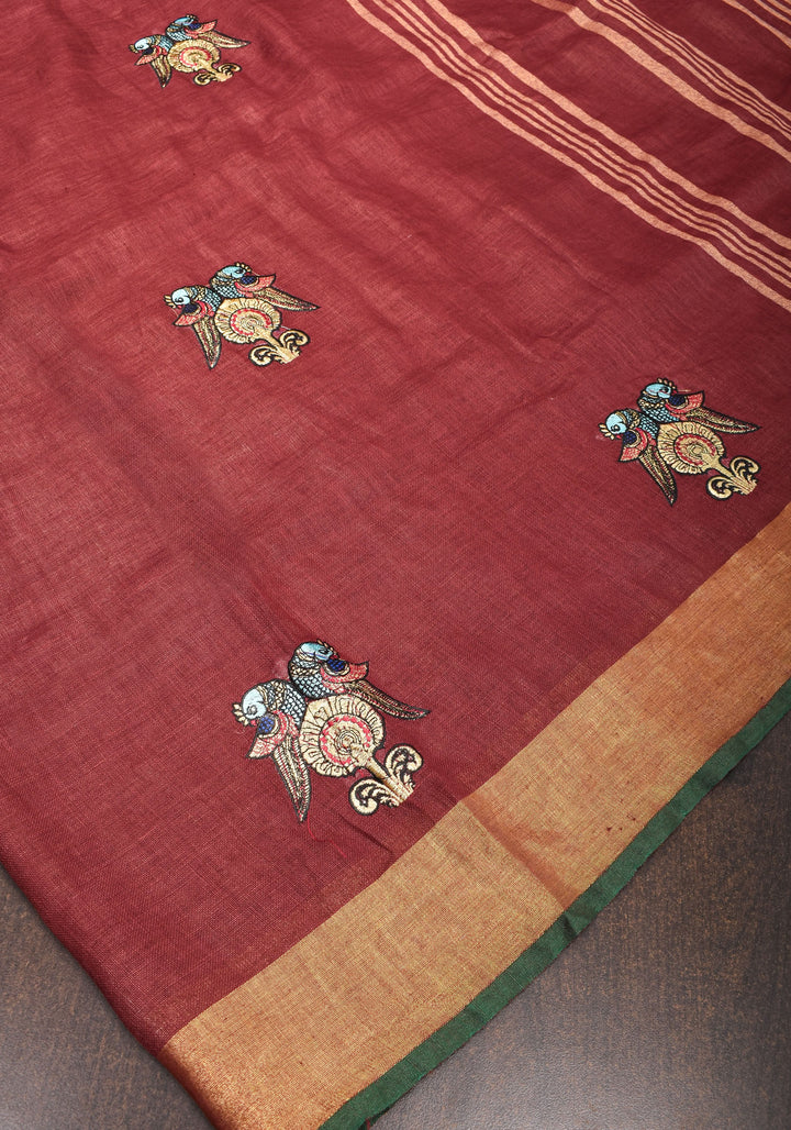 Tanjore Design Twin parrots embroidered motifs on maroon Linen by Linen Saree