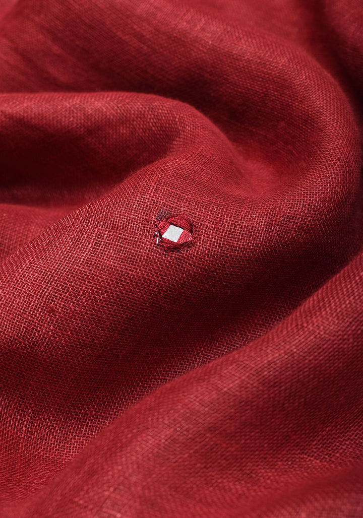 Chudi Design- Linen by Linen Cutwork and Mirrorwork Saree in Deep Red