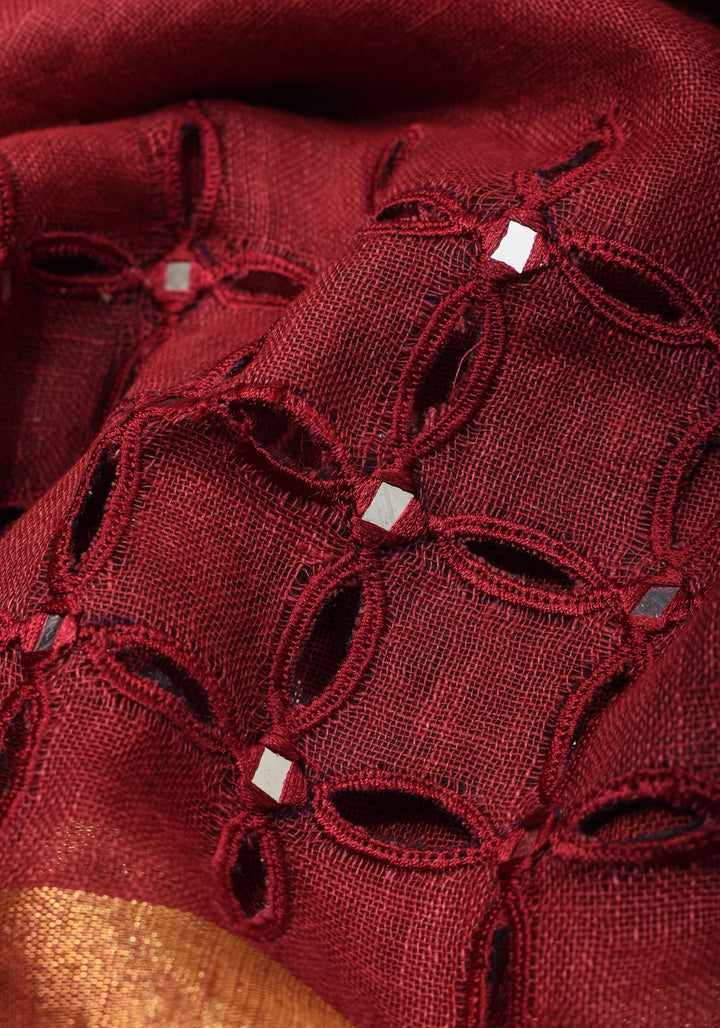 Chudi Design- Linen by Linen Cutwork and Mirrorwork Saree in Deep Red