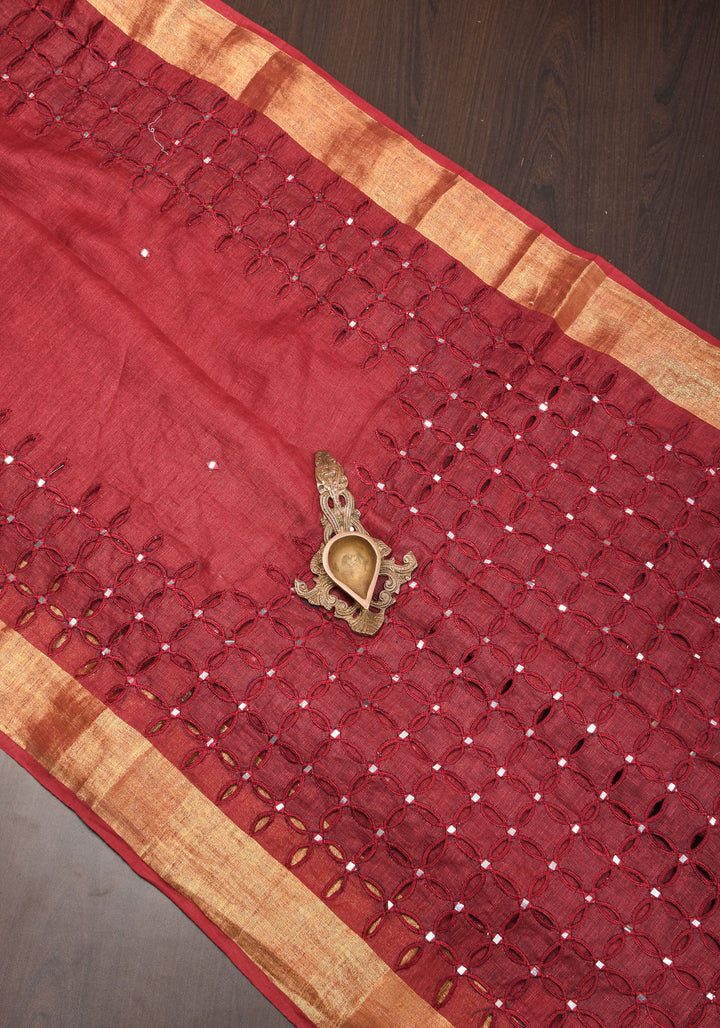 Chudi Design- Linen by Linen Cutwork and Mirrorwork Saree in Deep Red
