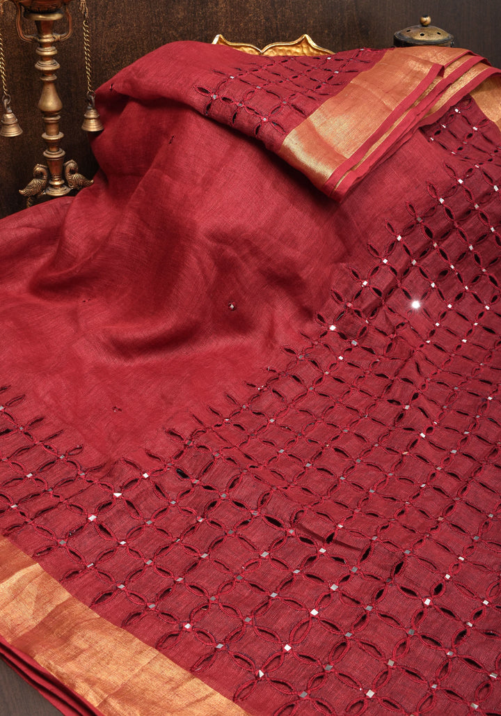 Chudi Design- Linen by Linen Cutwork and Mirrorwork Saree in Deep Red