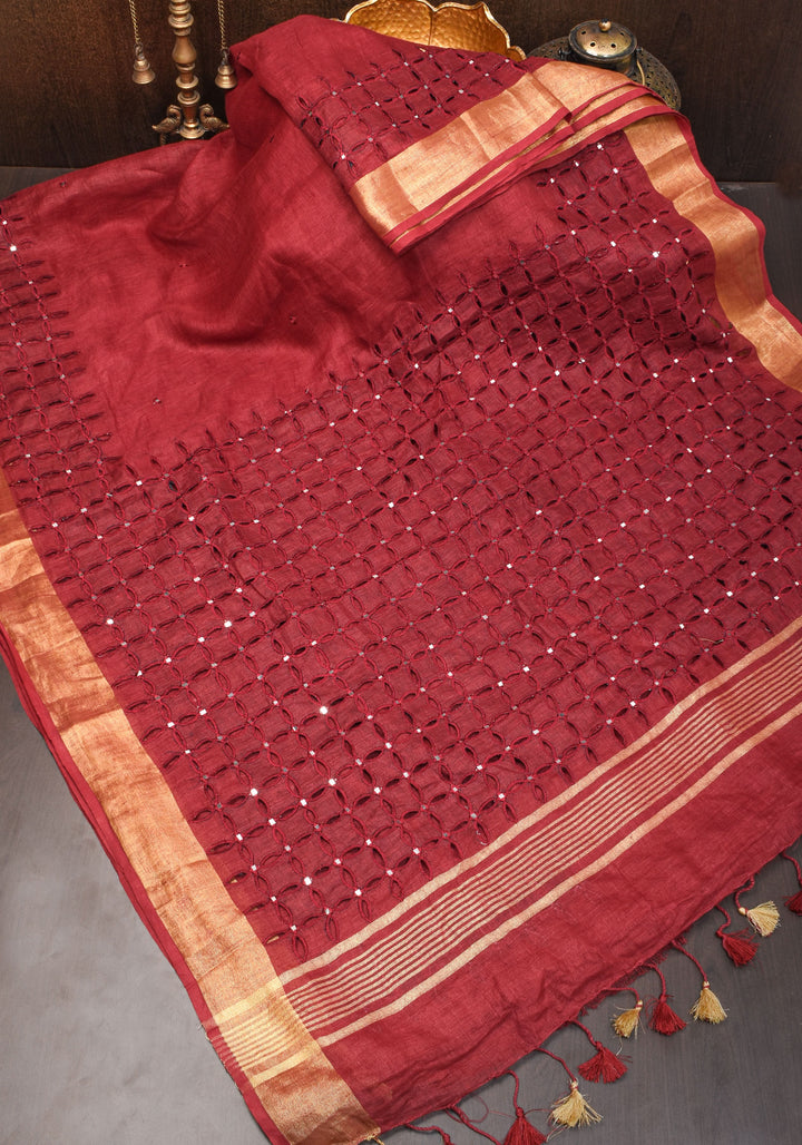 Chudi Design- Linen by Linen Cutwork and Mirrorwork Saree in Deep Red