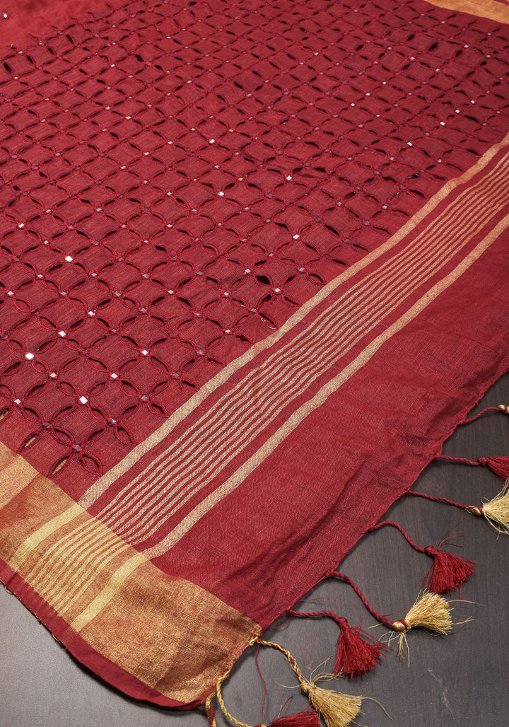 Chudi Design- Linen by Linen Cutwork and Mirrorwork Saree in Deep Red