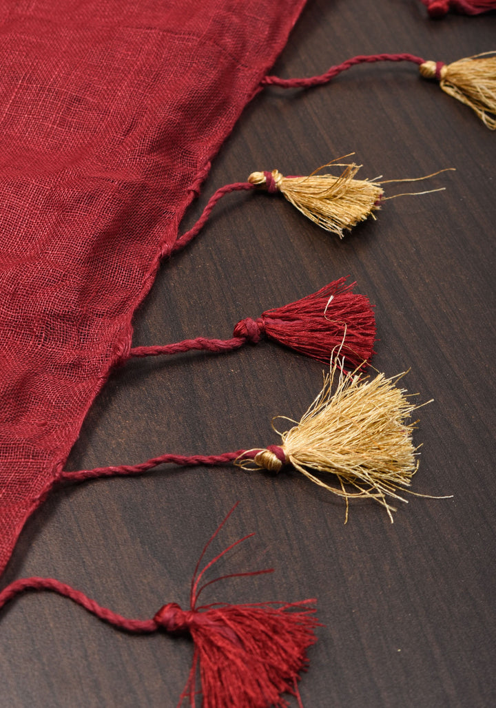 Chudi Design- Linen by Linen Cutwork and Mirrorwork Saree in Deep Red