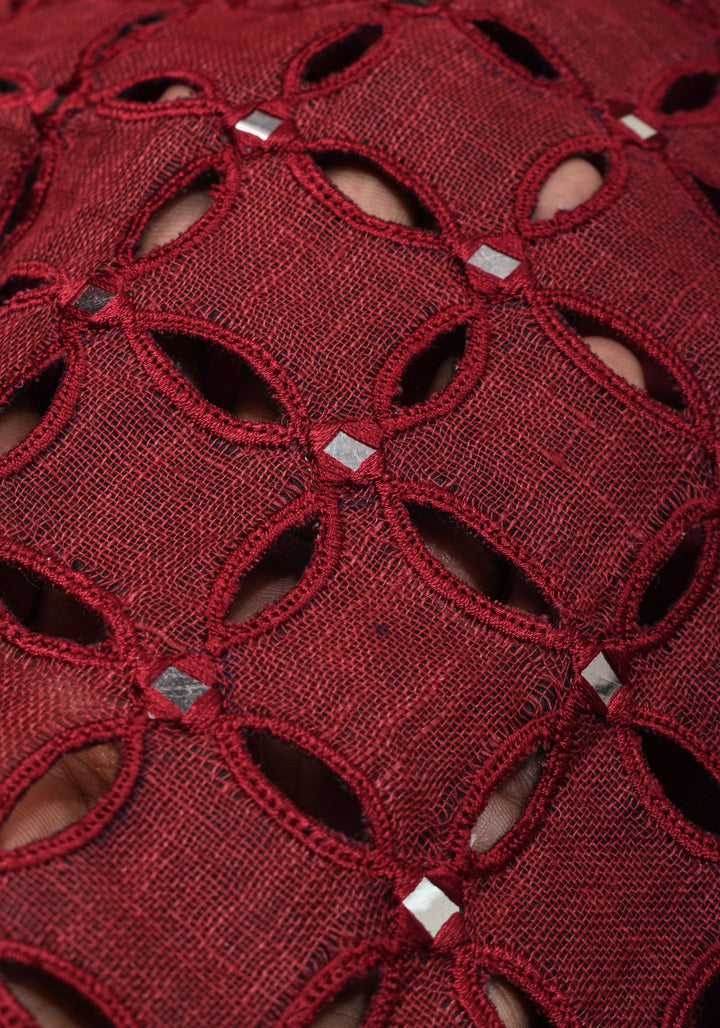 Chudi Design- Linen by Linen Cutwork and Mirrorwork Saree in Deep Red