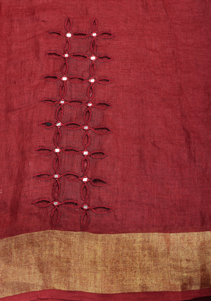 Chudi Design- Linen by Linen Cutwork and Mirrorwork Saree in Deep Red