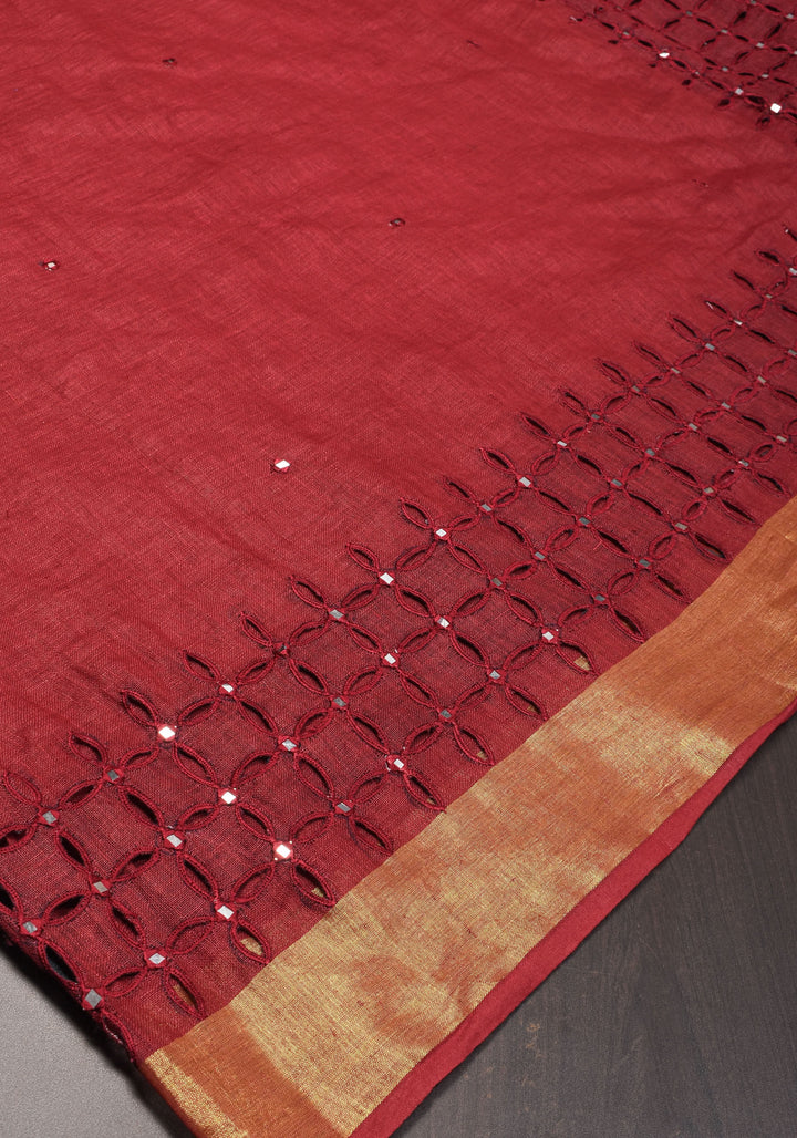 Chudi Design- Linen by Linen Cutwork and Mirrorwork Saree in Deep Red