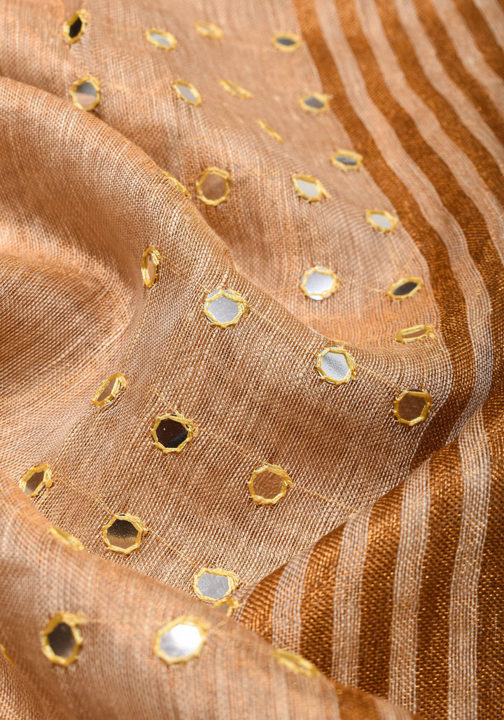 Tan Gold Tissue Linen Saree with light mirror work