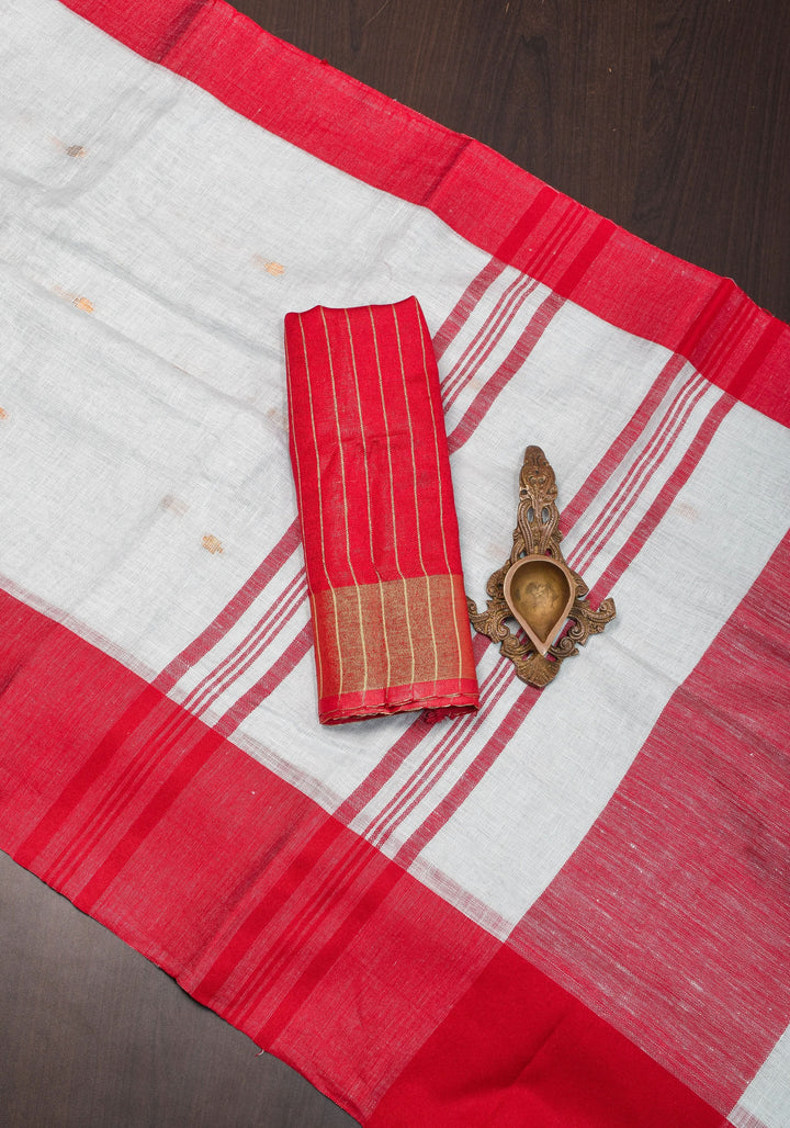Off White and Red Linen by Linen Saree with thread Buttas