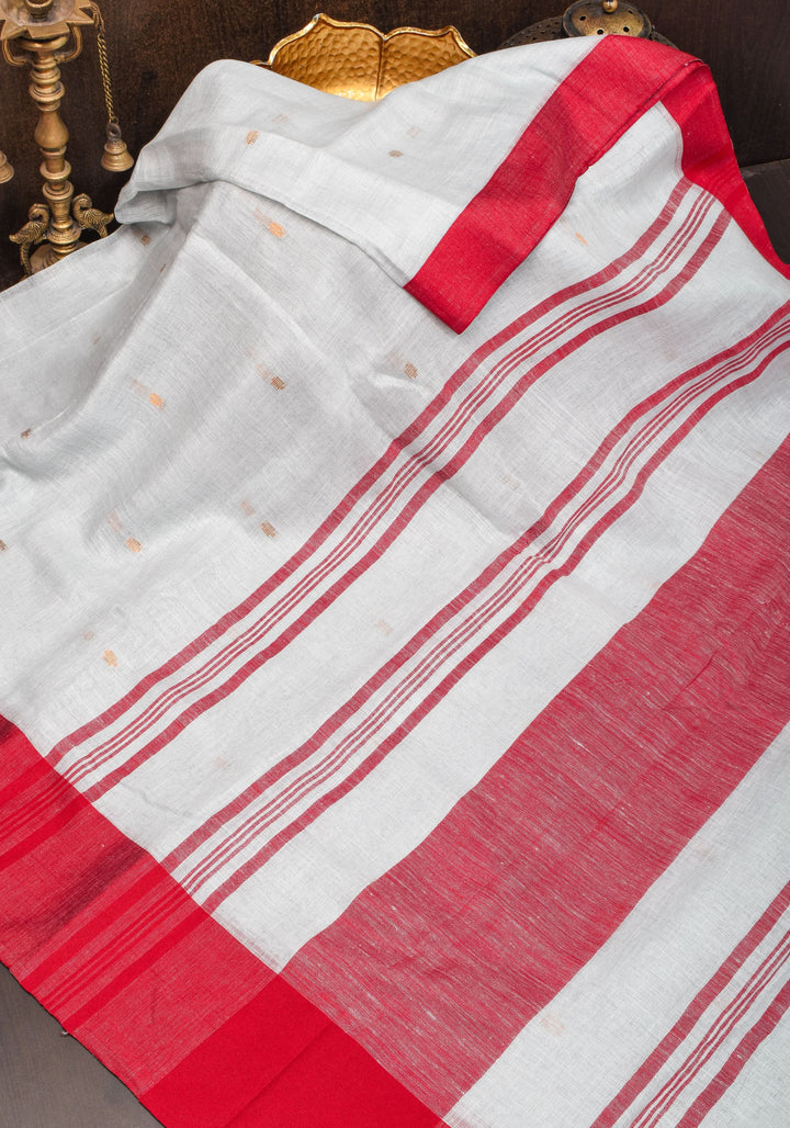 Off White and Red Linen by Linen Saree with thread Buttas