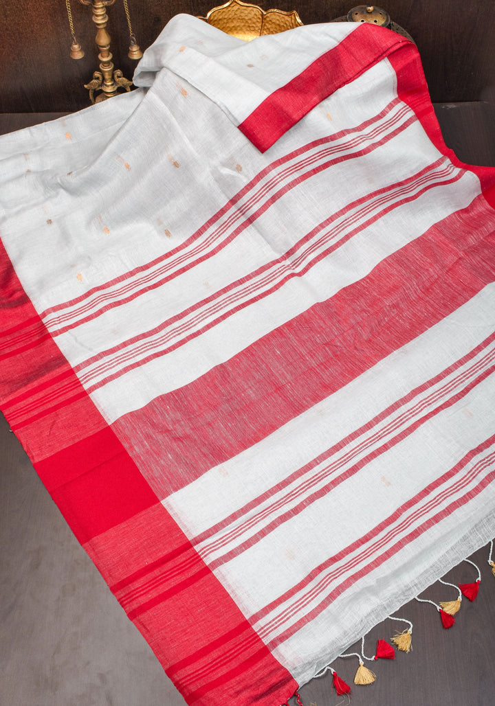 Off White and Red Linen by Linen Saree with thread Buttas
