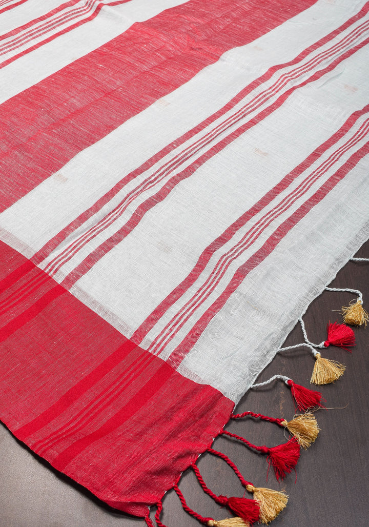 Off White and Red Linen by Linen Saree with thread Buttas
