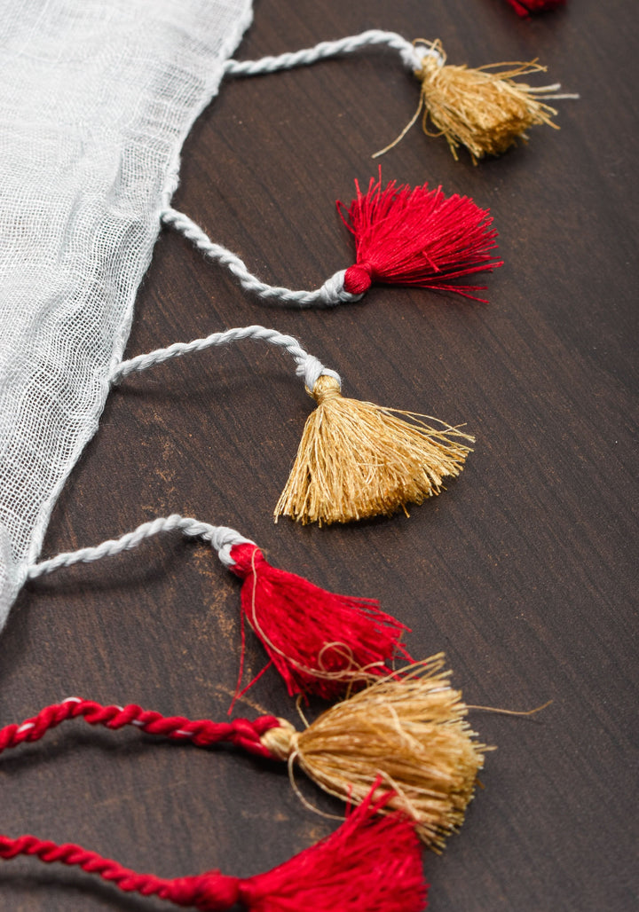 Off White and Red Linen by Linen Saree with thread Buttas