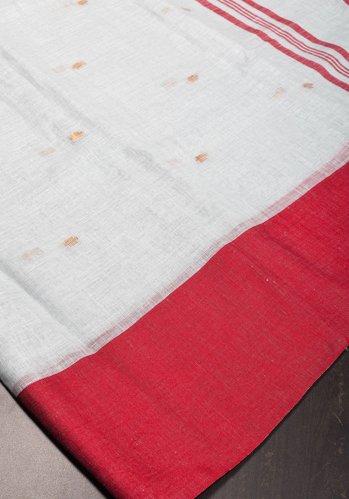 Off White and Red Linen by Linen Saree with thread Buttas