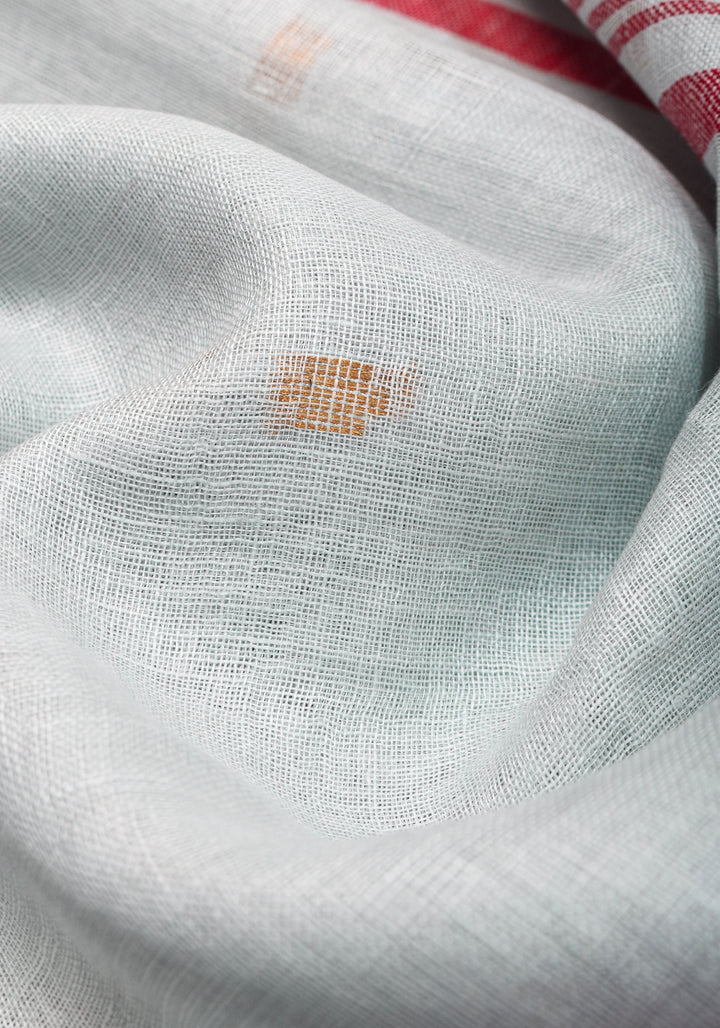 Off White and Red Linen by Linen Saree with thread Buttas