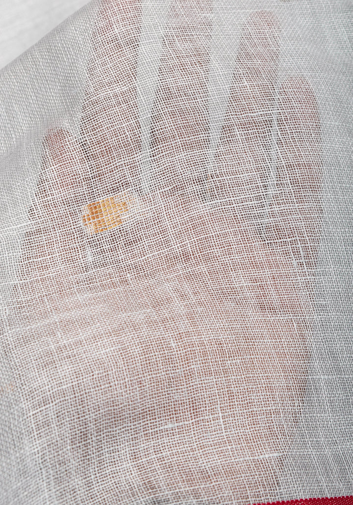 Off White and Red Linen by Linen Saree with thread Buttas