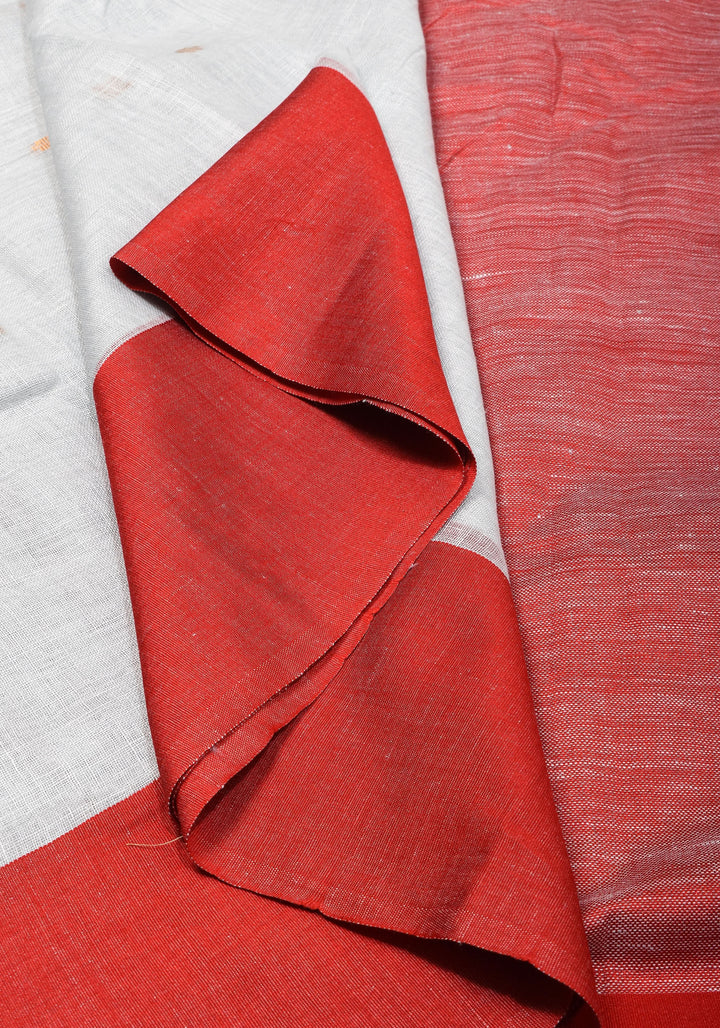Off White and Red Linen by Linen Saree with thread Buttas