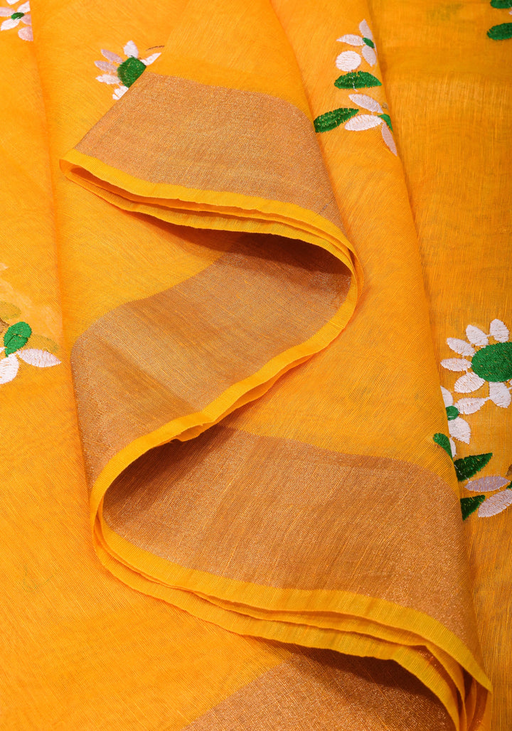 Yellow  Silk Linen Moti Nath Embroidery  and Woven zari Borders and Long Tassels