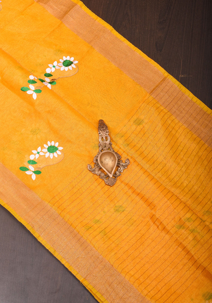 Yellow  Silk Linen Moti Nath Embroidery  and Woven zari Borders and Long Tassels