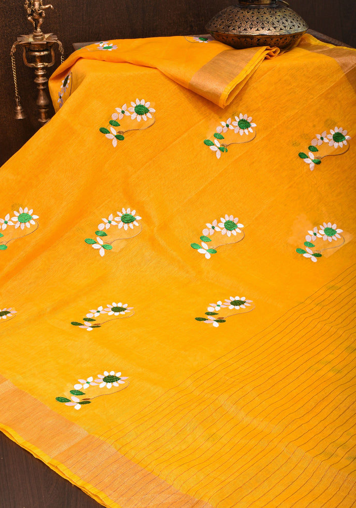 Yellow  Silk Linen Moti Nath Embroidery  and Woven zari Borders and Long Tassels