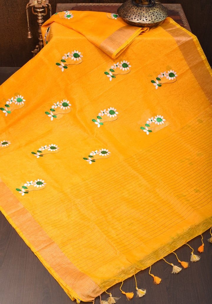 Yellow  Silk Linen Moti Nath Embroidery  and Woven zari Borders and Long Tassels