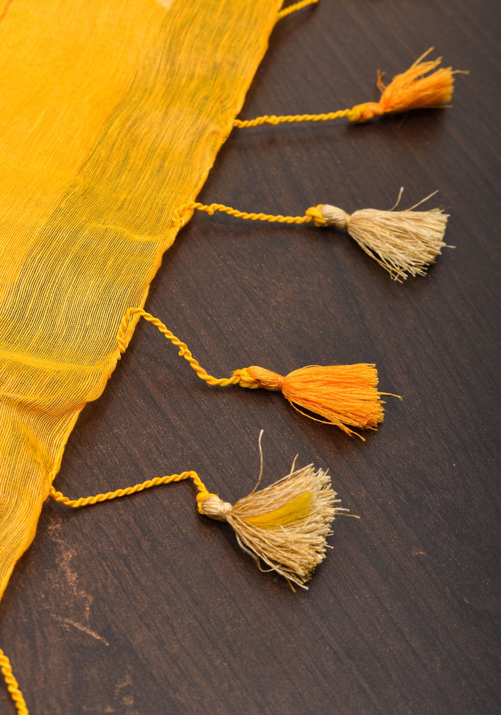 Yellow  Silk Linen Moti Nath Embroidery  and Woven zari Borders and Long Tassels