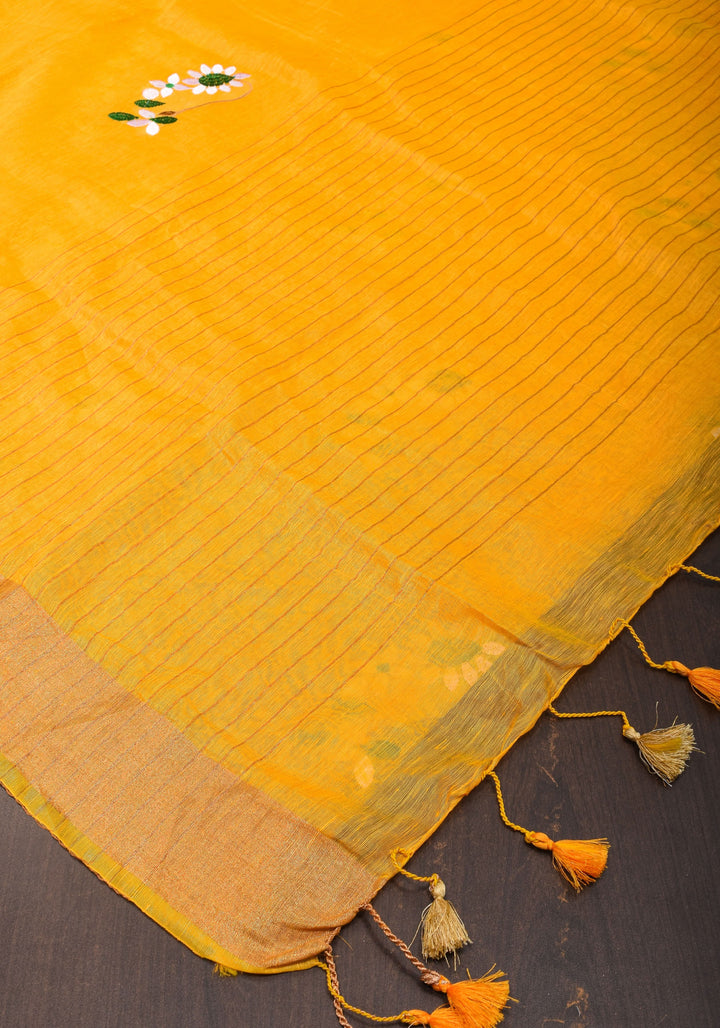 Yellow  Silk Linen Moti Nath Embroidery  and Woven zari Borders and Long Tassels