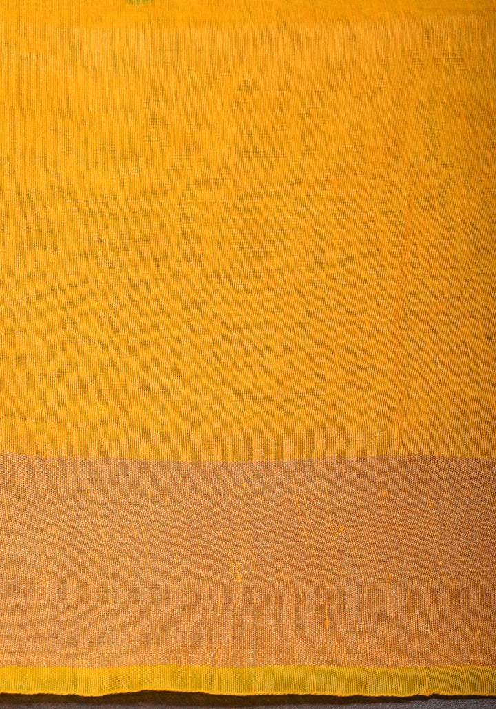 Yellow  Silk Linen Moti Nath Embroidery  and Woven zari Borders and Long Tassels