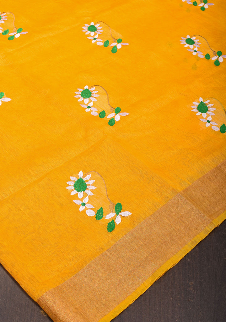 Yellow  Silk Linen Moti Nath Embroidery  and Woven zari Borders and Long Tassels