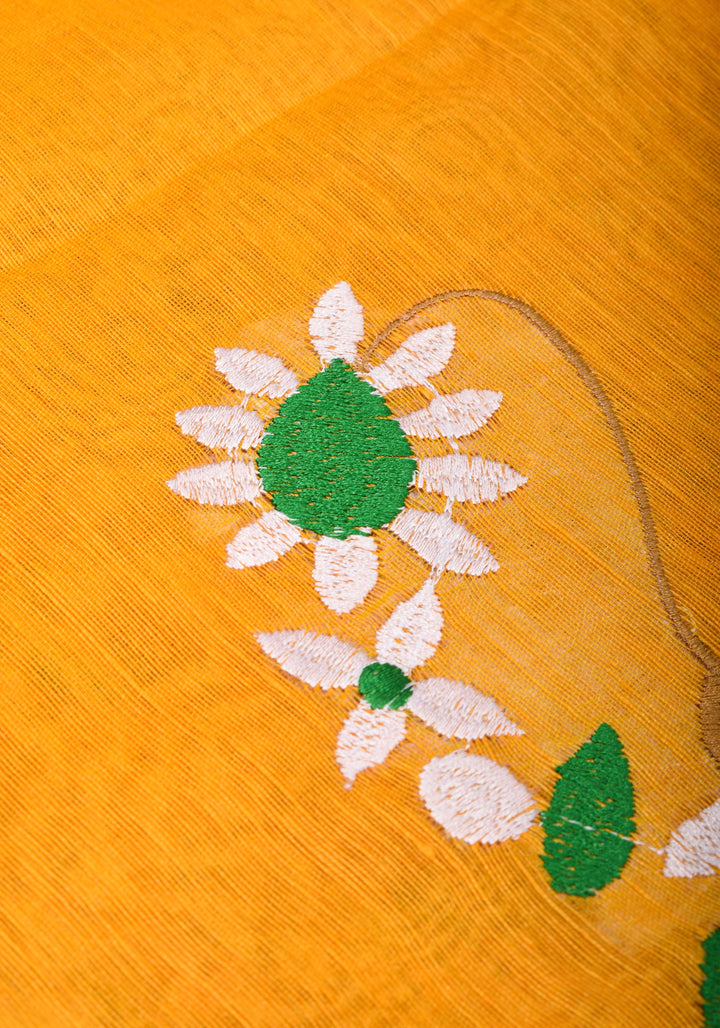 Yellow  Silk Linen Moti Nath Embroidery  and Woven zari Borders and Long Tassels