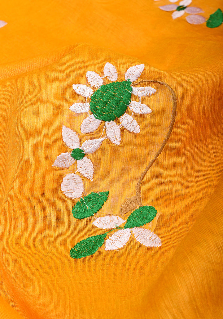 Yellow  Silk Linen Moti Nath Embroidery  and Woven zari Borders and Long Tassels